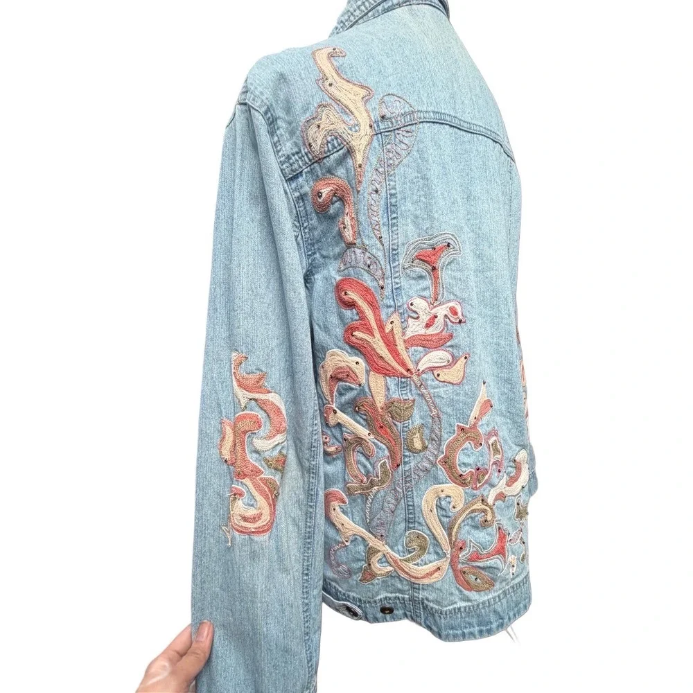 Y2K Chicos Embroidered Cotton Denim Medium‎ Women Jacket Boho Artsy Festival